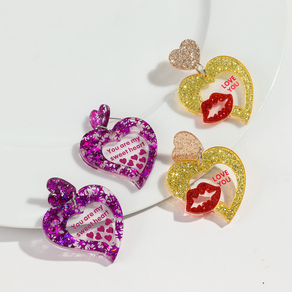 Wholesale Valentine's Day Letter Pendant High-grade Earrings Peach Heart Love Festival Sweet Wind Glitter Yak